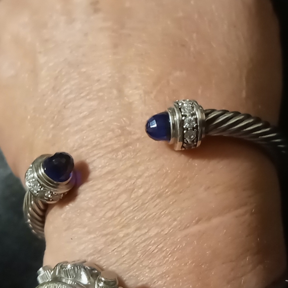 Twisted cable cuff sterling bracelet with blue sapphire gems & pave cz - Picture 7 of 12